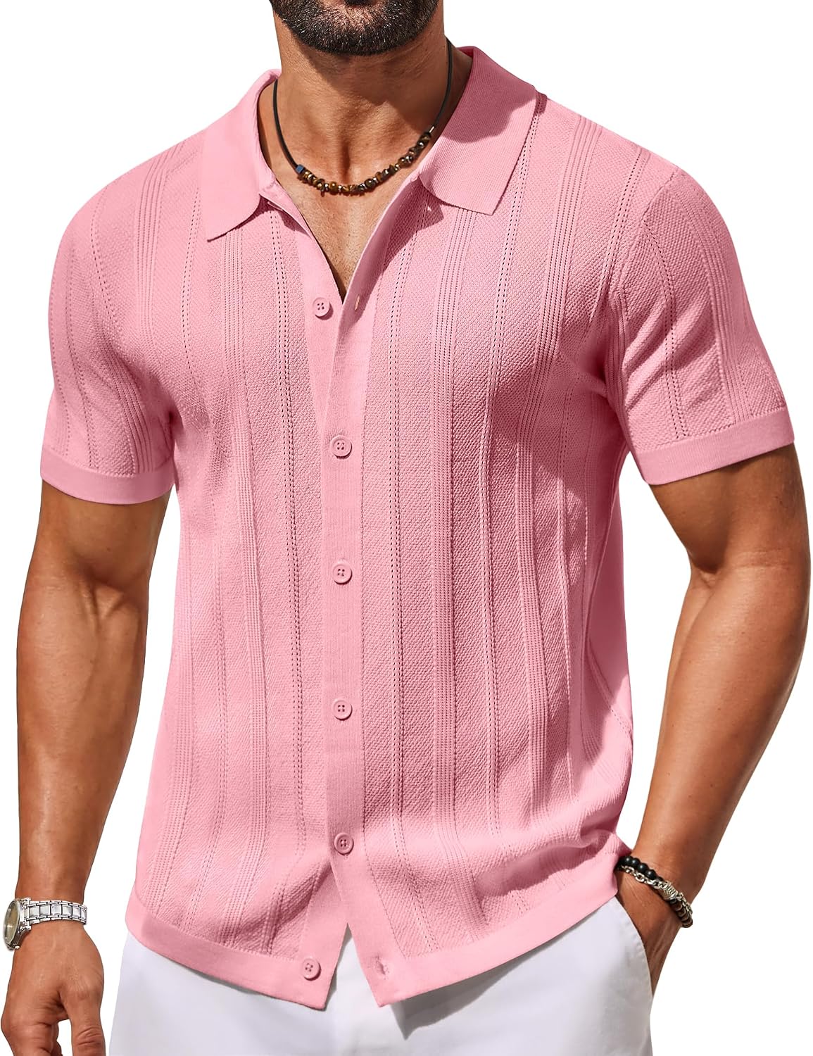 Men's Knit Button Down Shirts Short Sleeve Polo Shirt Casual Vacation Summer Beach Shirts