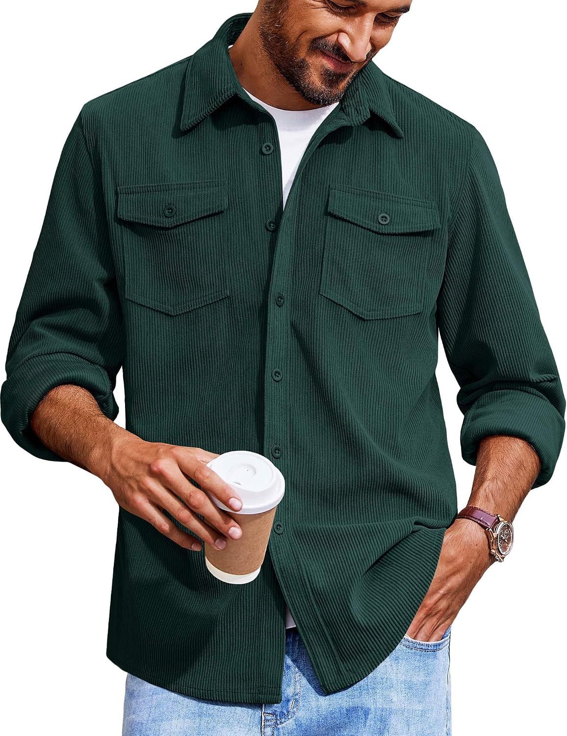 Men's Corduroy Button Down Shirts Jackets Casual Long Sleeve Shacket Lightweight Overshirts with Flap Pockets