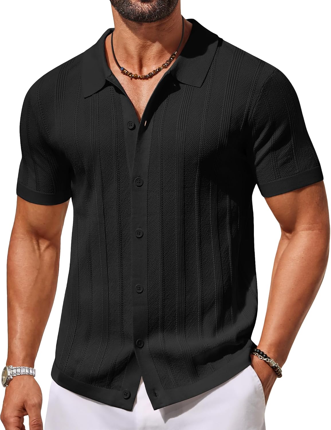 Men's Knit Button Down Shirts Short Sleeve Polo Shirt Casual Vacation Summer Beach Shirts