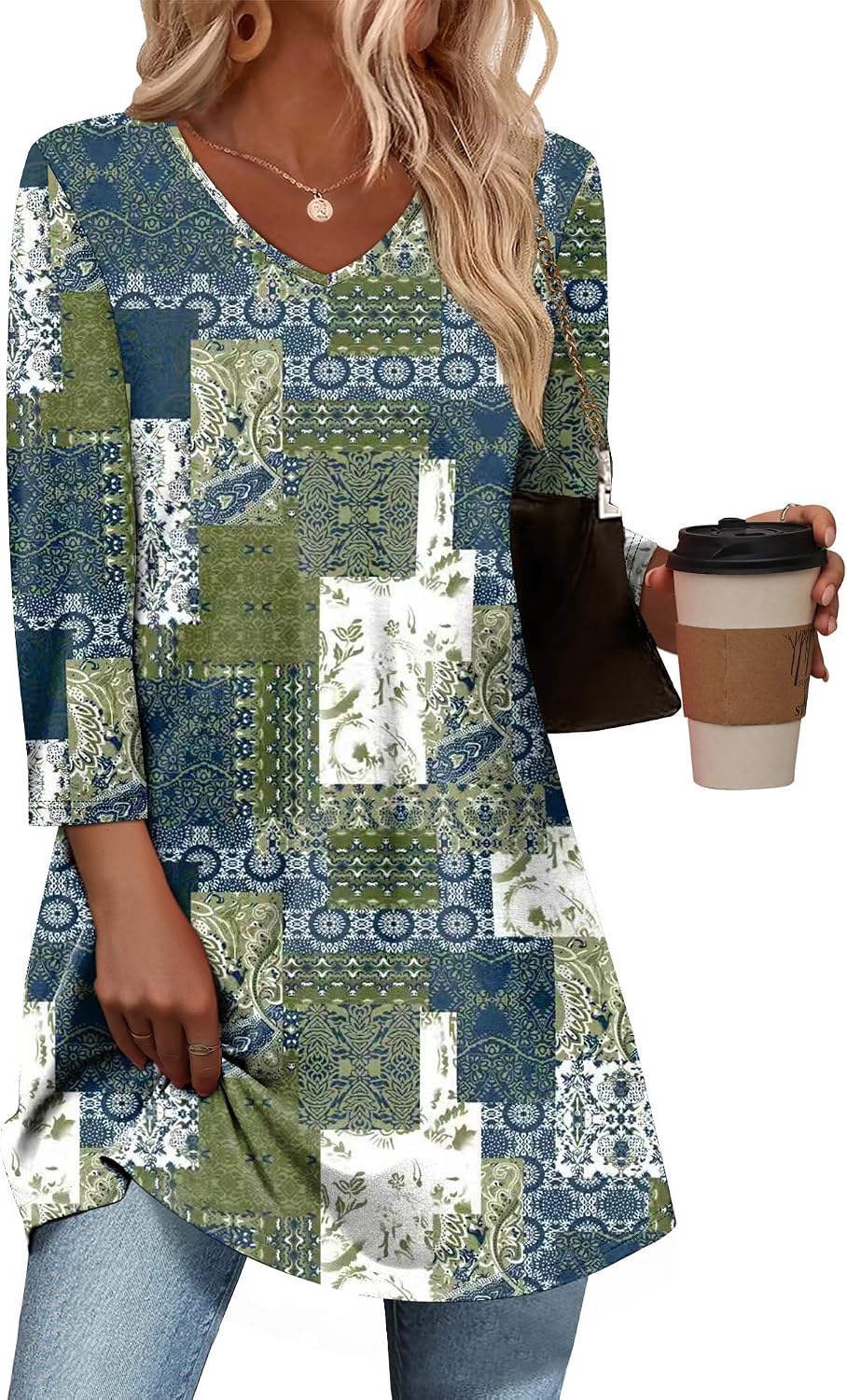 3/4 Length Sleeve Womens Tops Dressy Casual Plus Size Tunics to Wear with Leggings