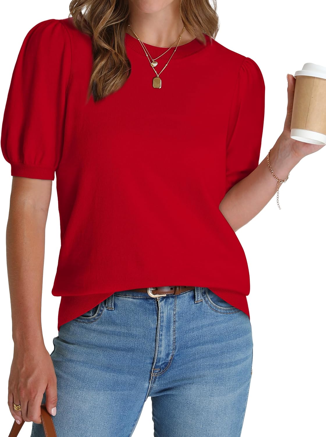 Women's Puff Short Sleeve Sweater 2026 Spring Summer Tops Trendy Business Causal Outfits Work Blouses Clothes