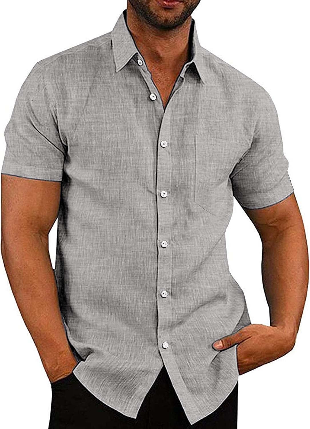 Men's Casual Button Down Shirts Short Sleeve Linen Shirts Summer Beach Dress Shirt