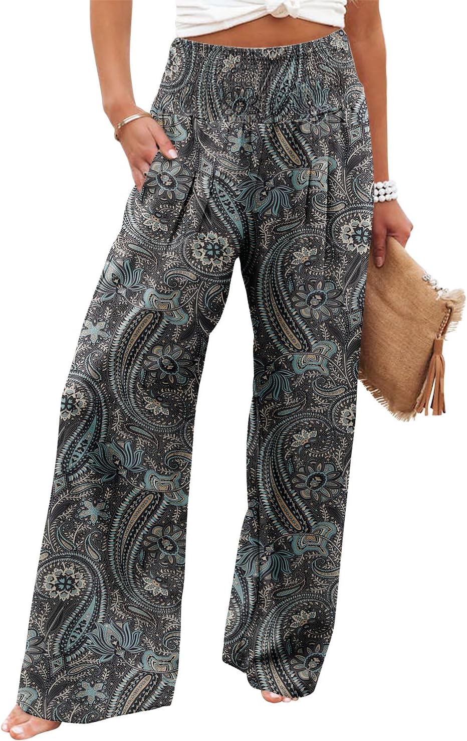Womens Elastic High Waisted Palazzo Pants Casual Wide Leg Long Lounge Pant Trousers with Pocket