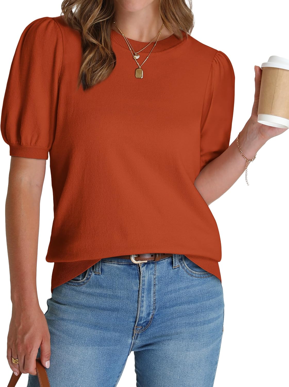 Women's Puff Short Sleeve Sweater 2026 Spring Summer Tops Trendy Business Causal Outfits Work Blouses Clothes