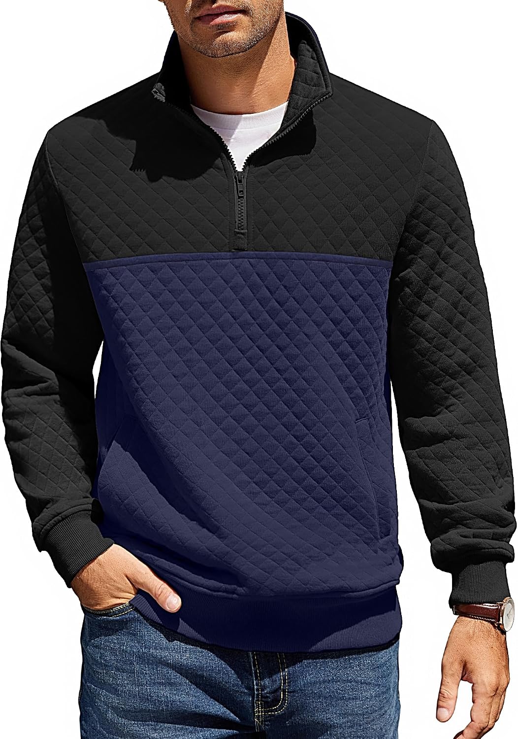 Mens Quarter Zip Pullover Quilted Sweatshirt Knit Long Sleeve Mock Neck Sweater Polo with Pocket