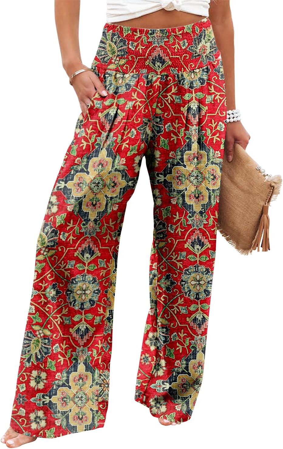Womens Elastic High Waisted Palazzo Pants Casual Wide Leg Long Lounge Pant Trousers with Pocket