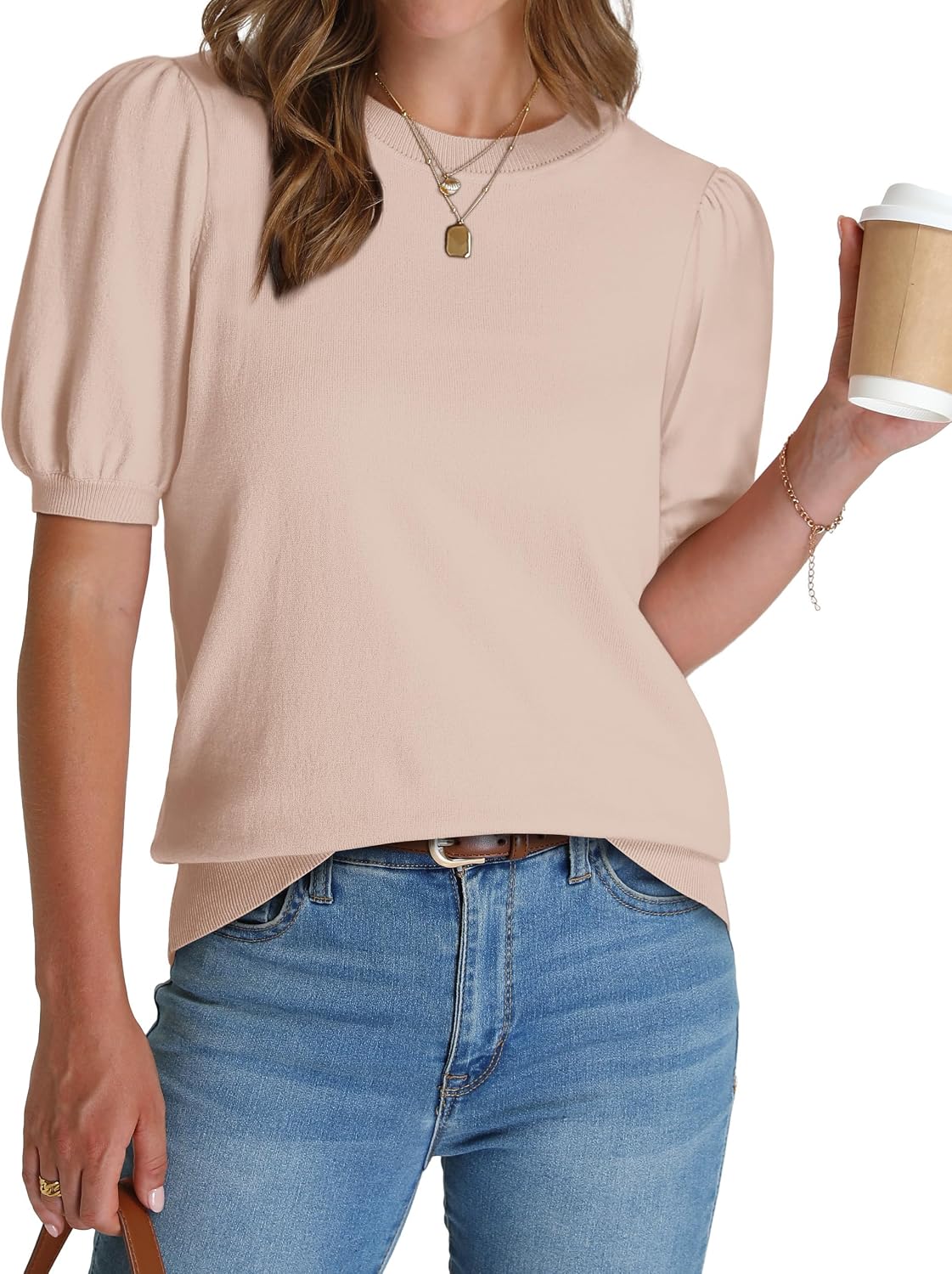 Women's Puff Short Sleeve Sweater 2026 Spring Summer Tops Trendy Business Causal Outfits Work Blouses Clothes