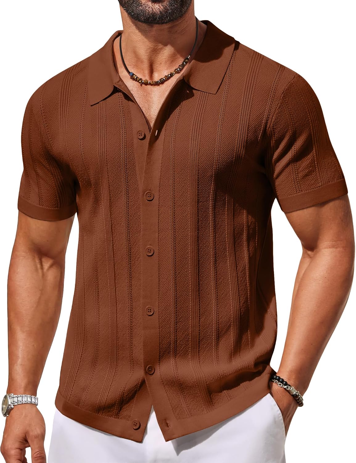 Men's Knit Button Down Shirts Short Sleeve Polo Shirt Casual Vacation Summer Beach Shirts