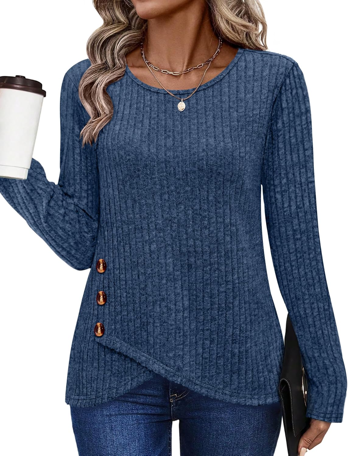 Tunic Sweaters for Women Long Sleeve Shirts Crew Neck Tops with Buttons Fall Fashion Outfits Winter Clothing