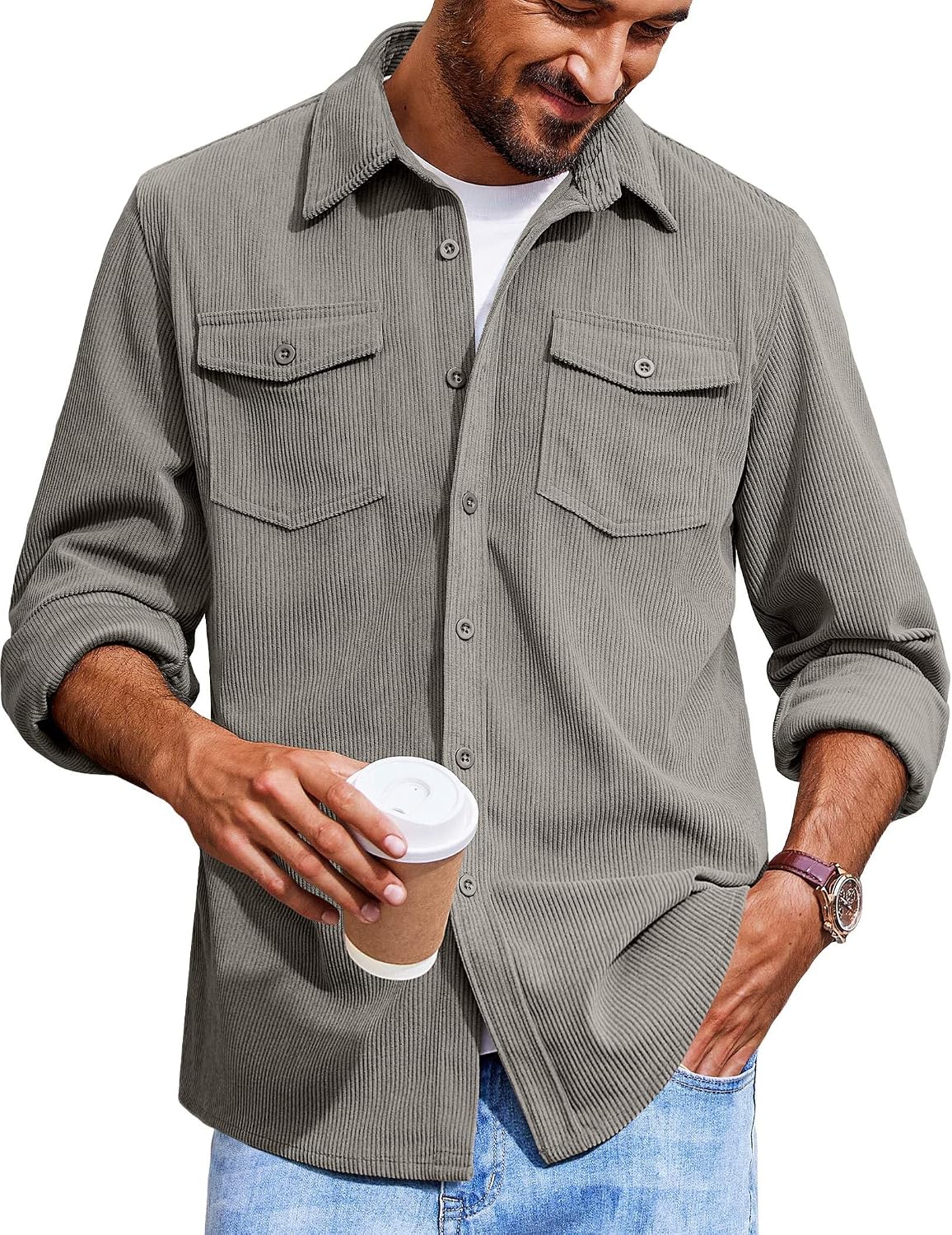 Men's Corduroy Button Down Shirts Jackets Casual Long Sleeve Shacket Lightweight Overshirts with Flap Pockets