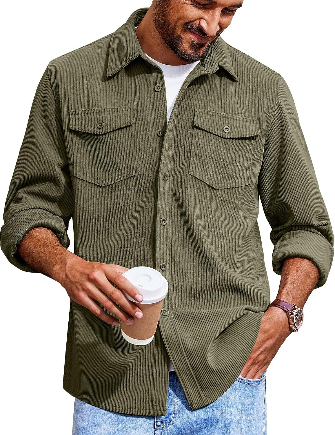 Men's Corduroy Button Down Shirts Jackets Casual Long Sleeve Shacket Lightweight Overshirts with Flap Pockets