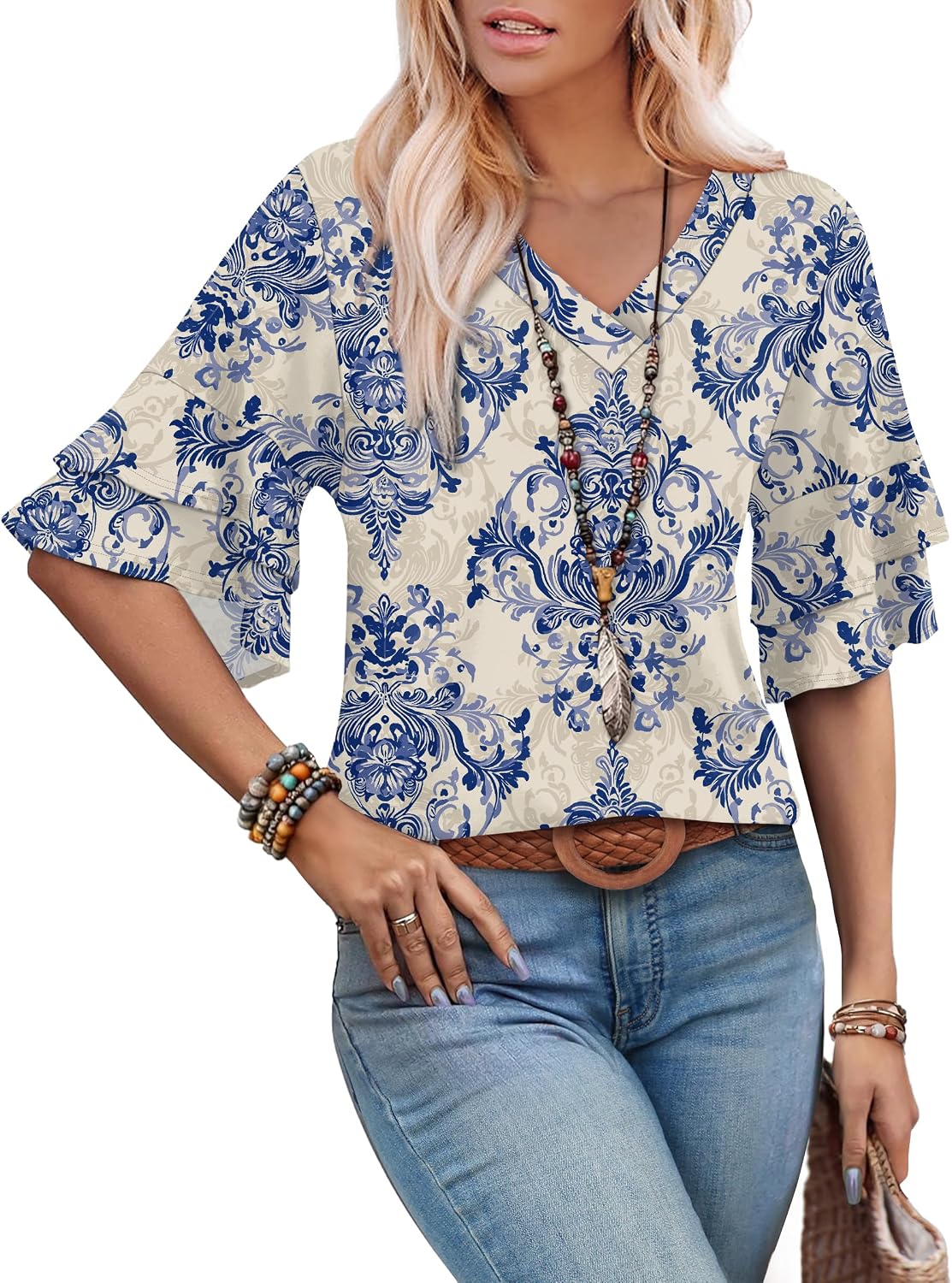 Spring Tops for Women Boho Shirts Fashion Clothing Cute 3/4 Length Sleeve Blouses Dressy Casual Summer Outfits