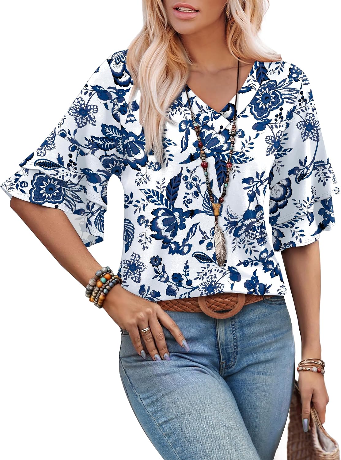 Spring Tops for Women Boho Shirts Fashion Clothing Cute 3/4 Length Sleeve Blouses Dressy Casual Summer Outfits