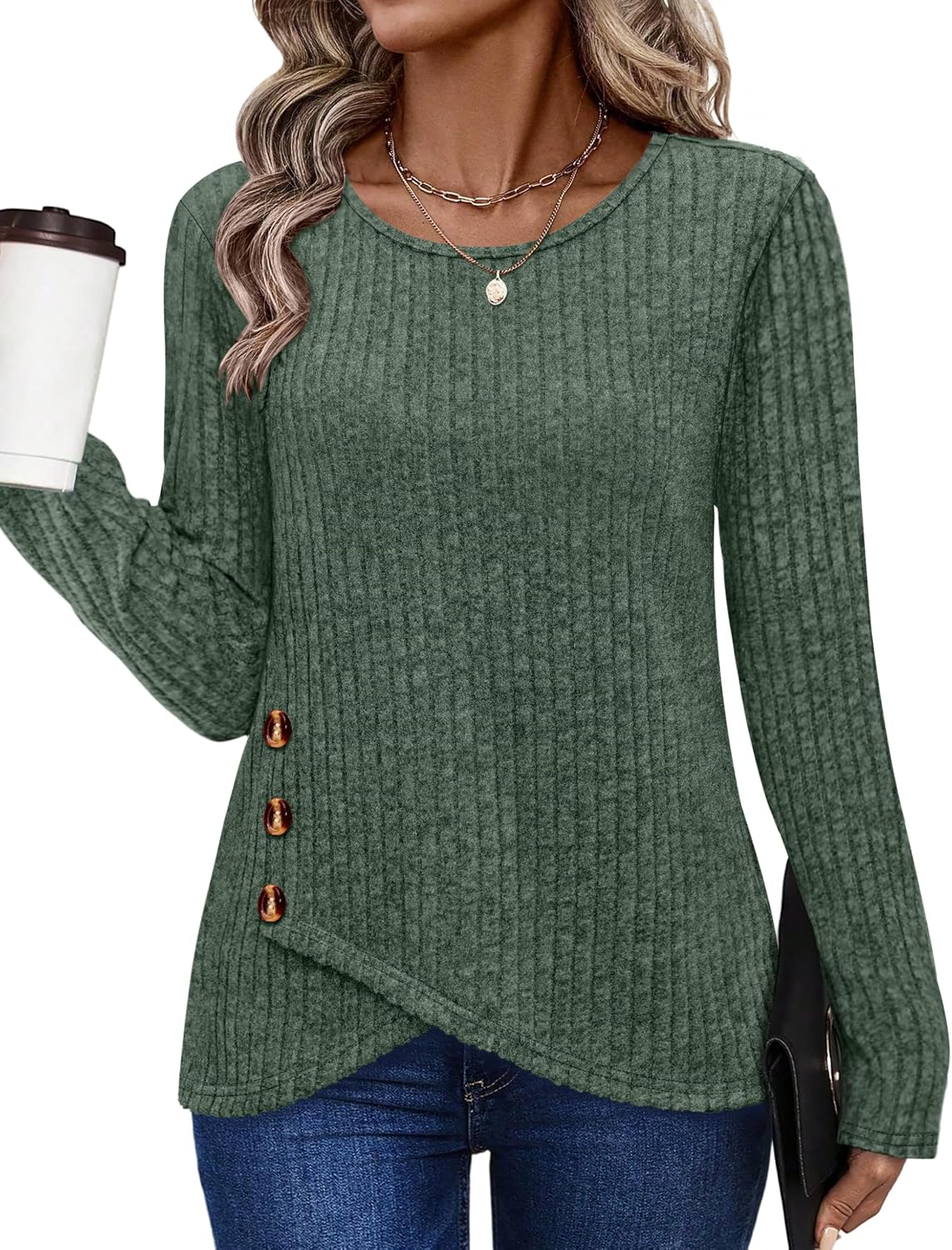Tunic Sweaters for Women Long Sleeve Shirts Crew Neck Tops with Buttons Fall Fashion Outfits Winter Clothing