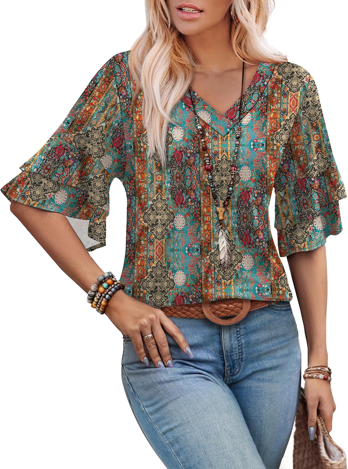 Spring Tops for Women Boho Shirts Fashion Clothing Cute 3/4 Length Sleeve Blouses Dressy Casual Summer Outfits
