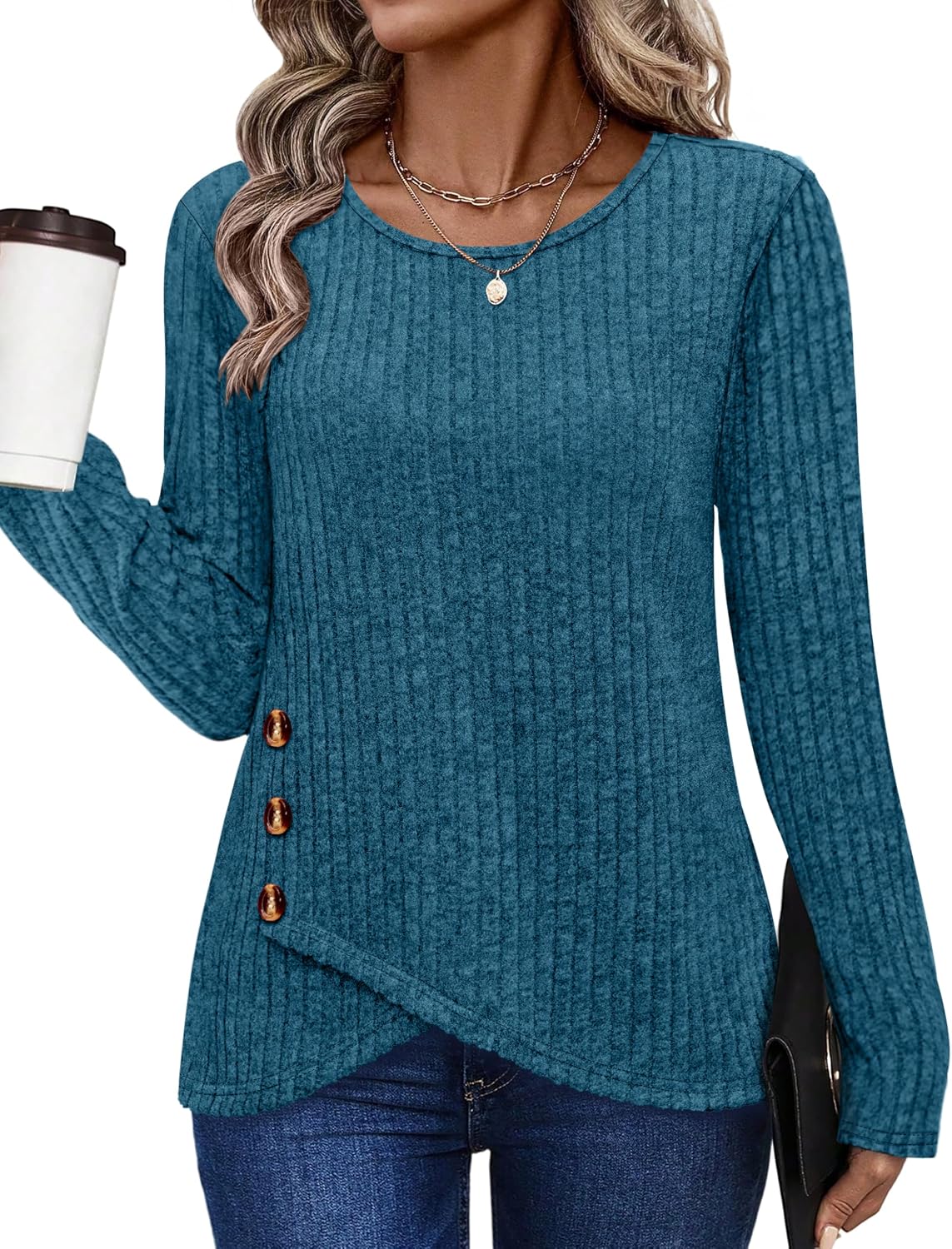 Tunic Sweaters for Women Long Sleeve Shirts Crew Neck Tops with Buttons Fall Fashion Outfits Winter Clothing