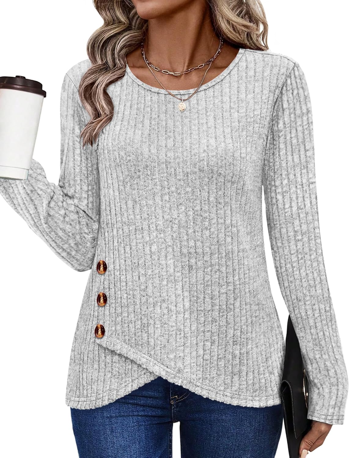 Tunic Sweaters for Women Long Sleeve Shirts Crew Neck Tops with Buttons Fall Fashion Outfits Winter Clothing