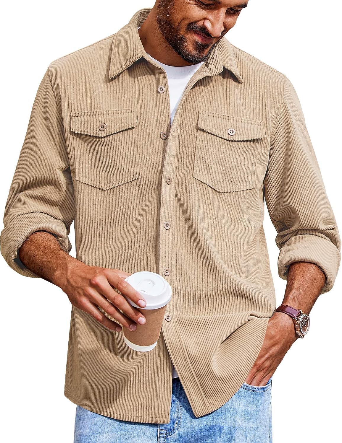 Men's Corduroy Button Down Shirts Jackets Casual Long Sleeve Shacket Lightweight Overshirts with Flap Pockets