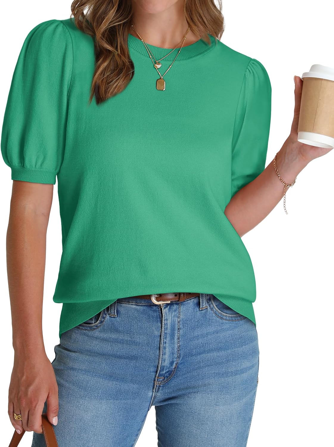 Women's Puff Short Sleeve Sweater 2026 Spring Summer Tops Trendy Business Causal Outfits Work Blouses Clothes