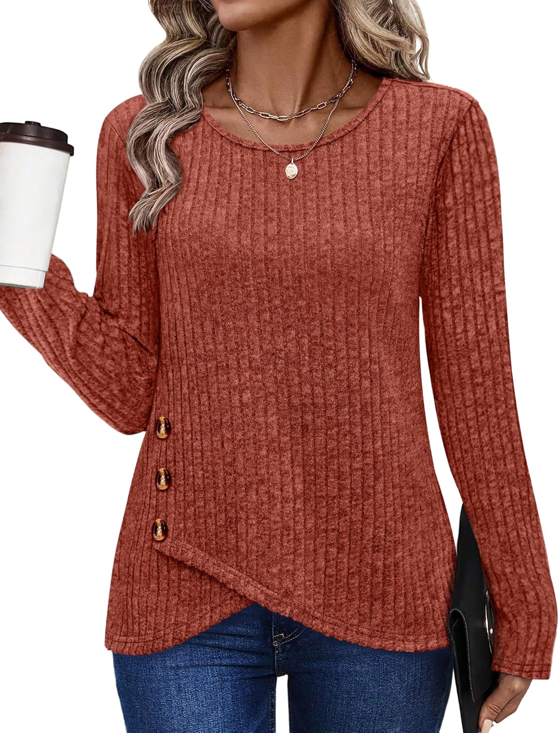 Tunic Sweaters for Women Long Sleeve Shirts Crew Neck Tops with Buttons Fall Fashion Outfits Winter Clothing