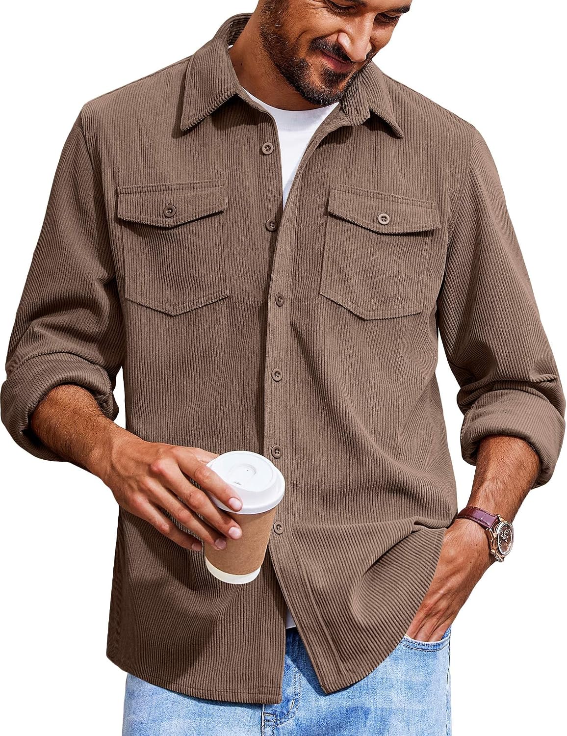 Men's Corduroy Button Down Shirts Jackets Casual Long Sleeve Shacket Lightweight Overshirts with Flap Pockets