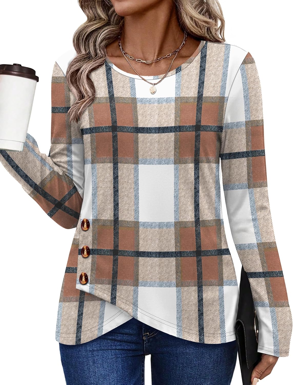 Tunic Sweaters for Women Long Sleeve Shirts Crew Neck Tops with Buttons Fall Fashion Outfits Winter Clothing