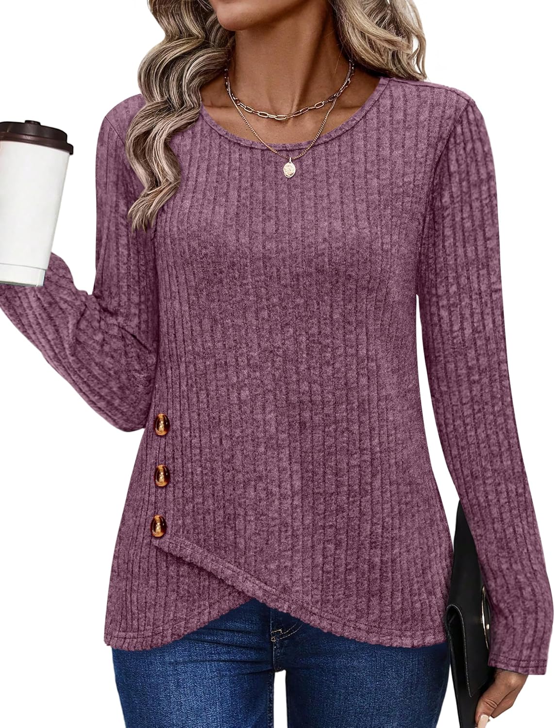 Tunic Sweaters for Women Long Sleeve Shirts Crew Neck Tops with Buttons Fall Fashion Outfits Winter Clothing