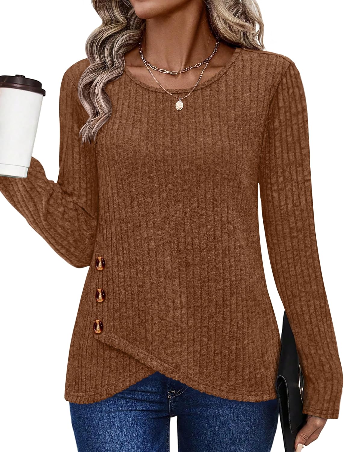 Tunic Sweaters for Women Long Sleeve Shirts Crew Neck Tops with Buttons Fall Fashion Outfits Winter Clothing