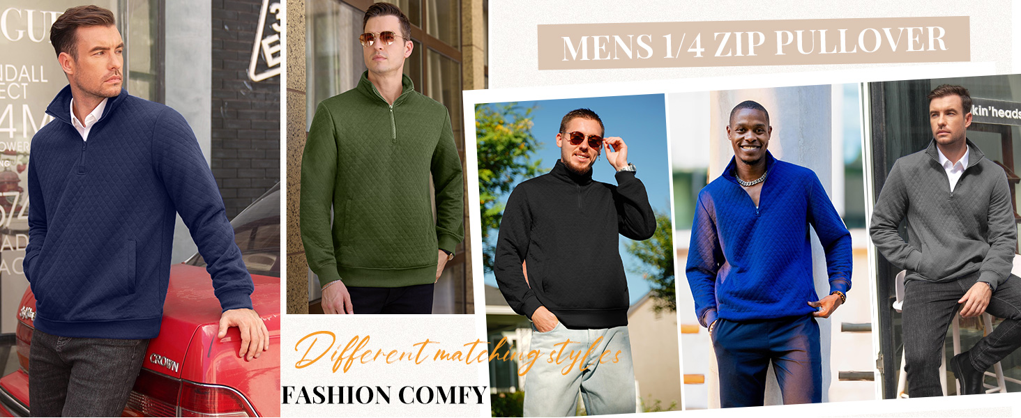 COOFANDY Mens Quarter Zip Pullover Quilted Sweatshirt