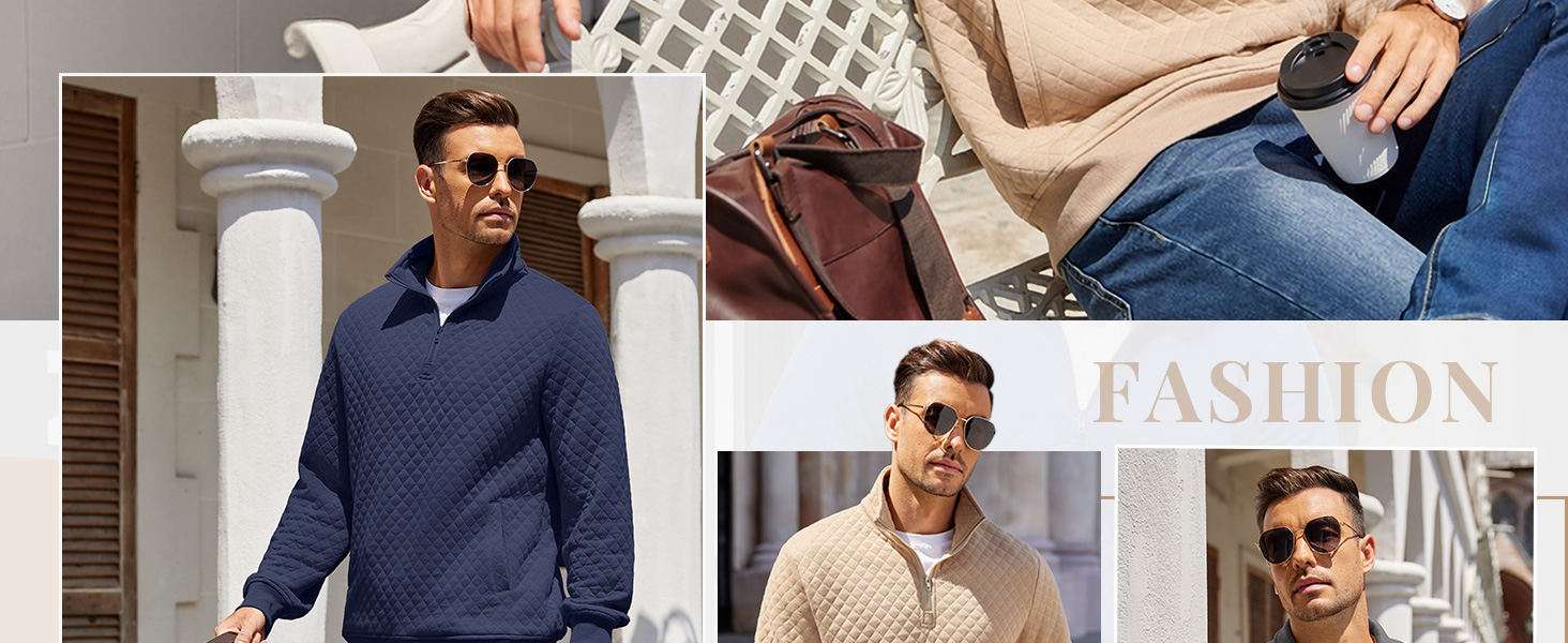 COOFANDY Mens Quarter Zip Pullover Quilted Sweatshirt