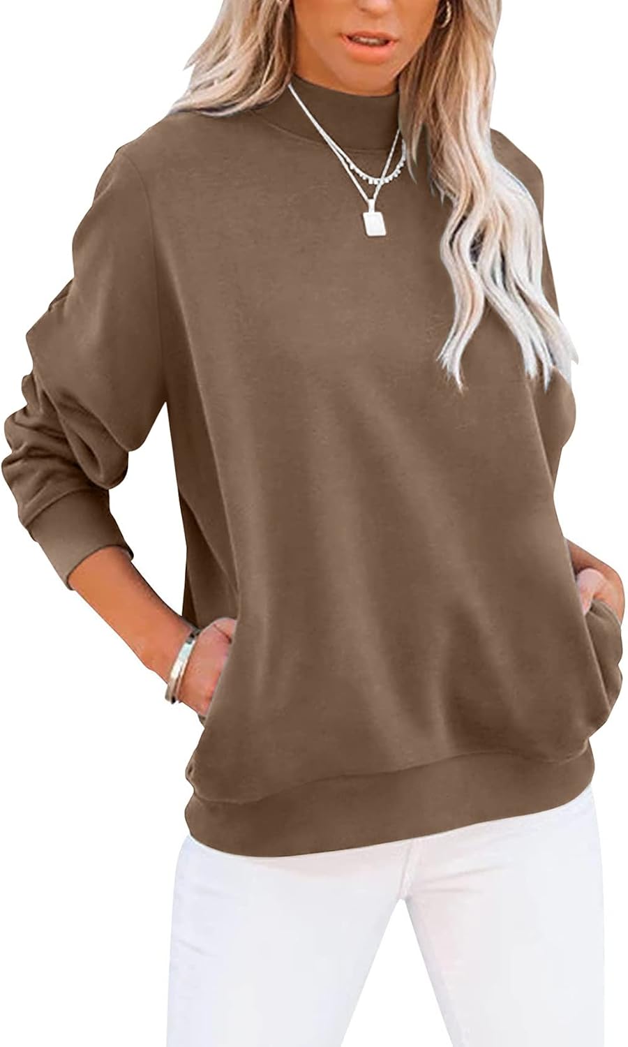 Women's Casual Long Sleeve Sweatshirt Tops Mock Turtleneck Lightweight Tunic Fall Pullover with Pocket