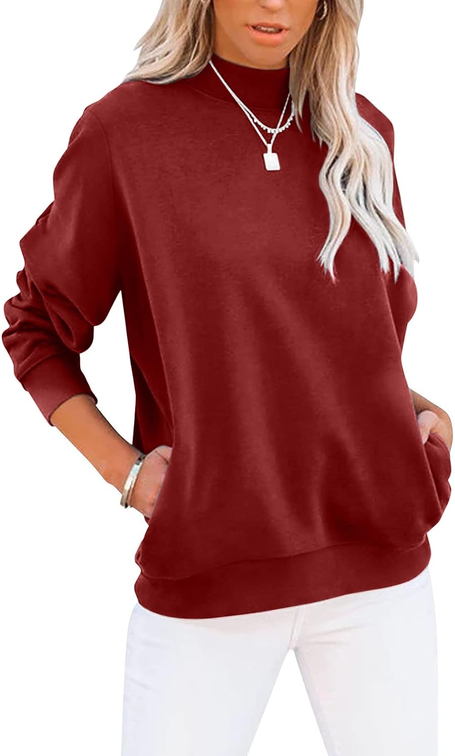 Women's Casual Long Sleeve Sweatshirt Tops Mock Turtleneck Lightweight Tunic Fall Pullover with Pocket
