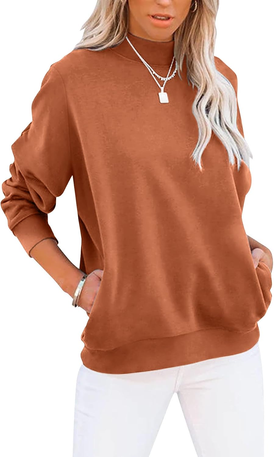Women's Casual Long Sleeve Sweatshirt Tops Mock Turtleneck Lightweight Tunic Fall Pullover with Pocket