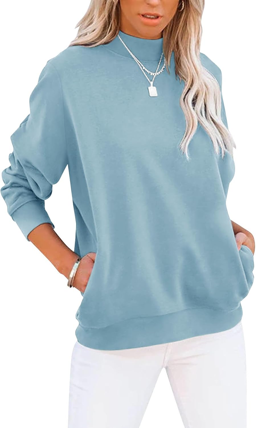 Women's Casual Long Sleeve Sweatshirt Tops Mock Turtleneck Lightweight Tunic Fall Pullover with Pocket