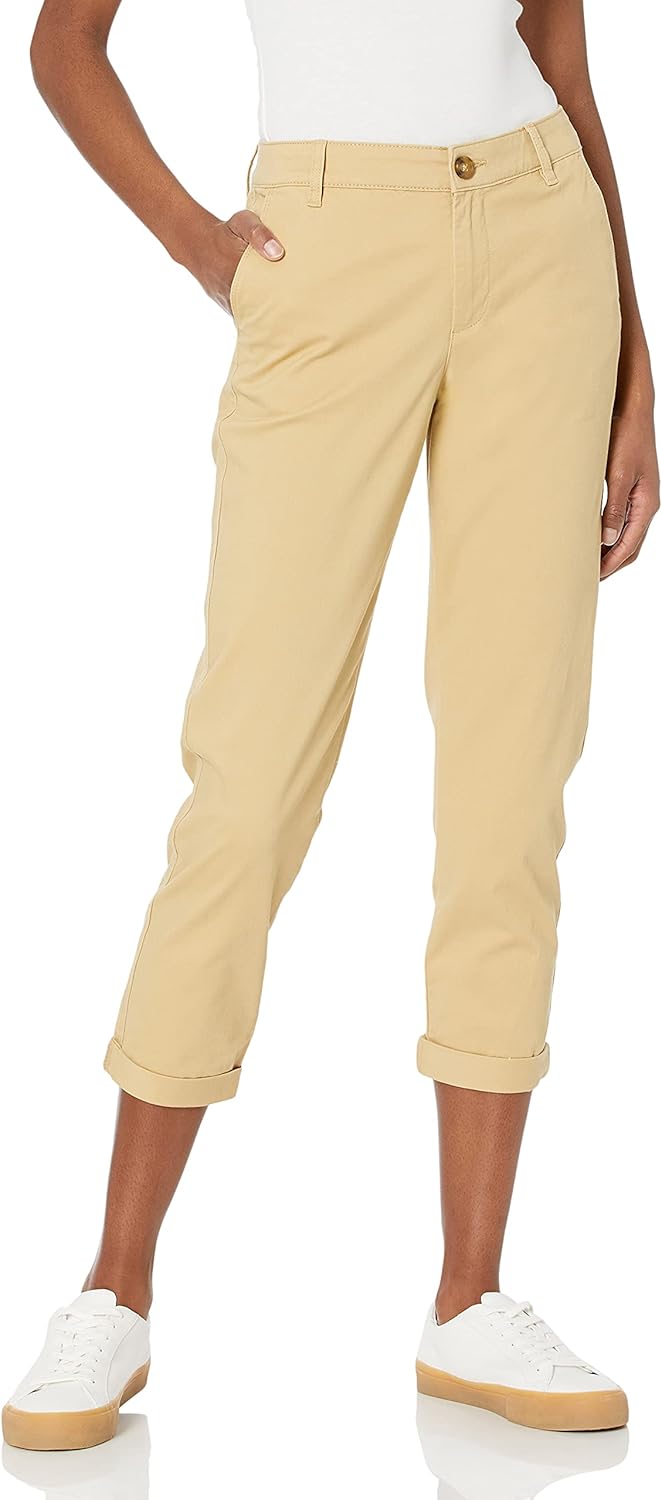 Women's Mid-Rise Slim-Fit Stretch Cotton Twill Cropped Capri Khaki Pants (Available in Plus Size)
