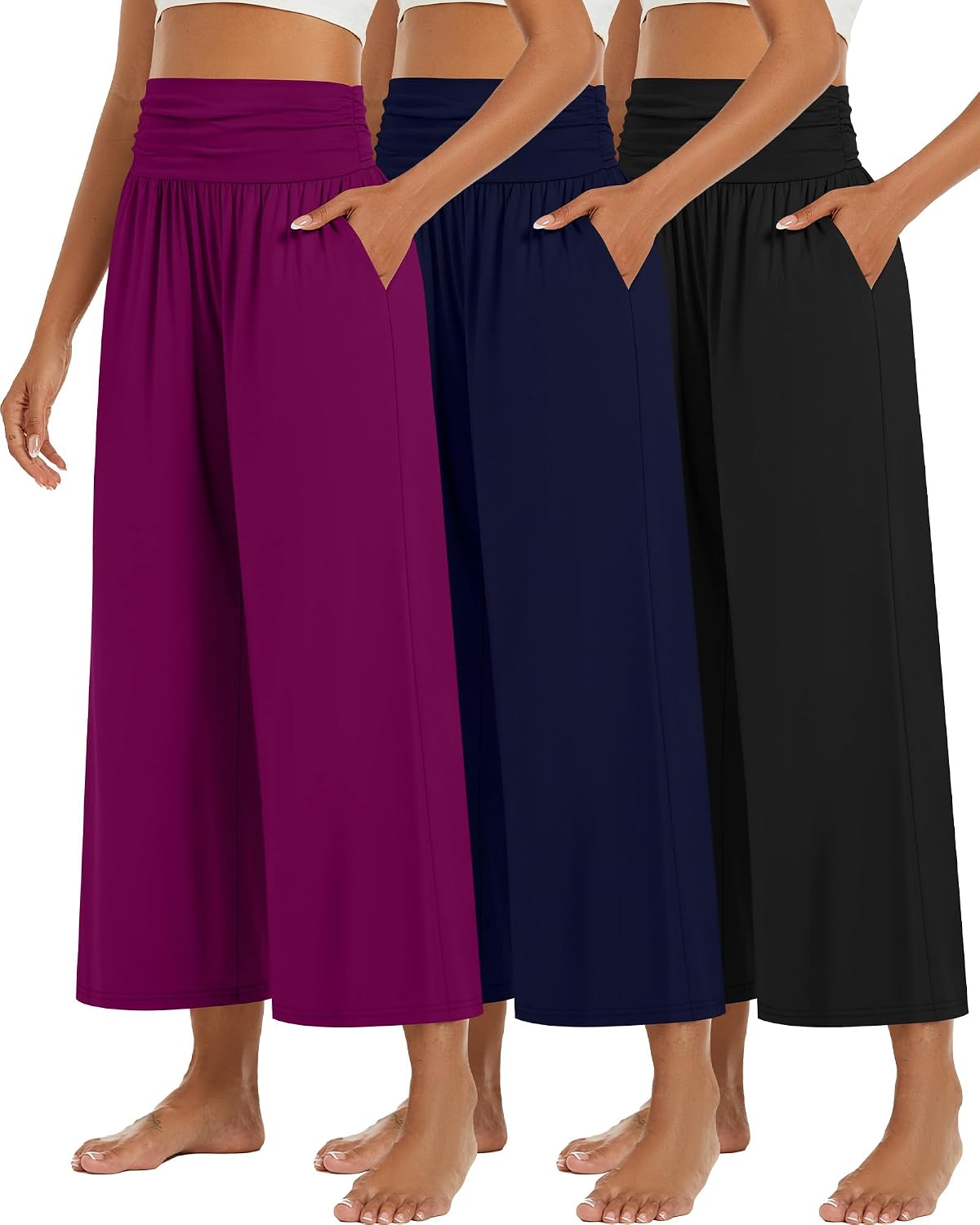 3 Pack Wide Leg Capri Pants for Women Summer Gaucho Pants Cropped Palazzo High Waist Lounge Yoga Trouser with Pockets