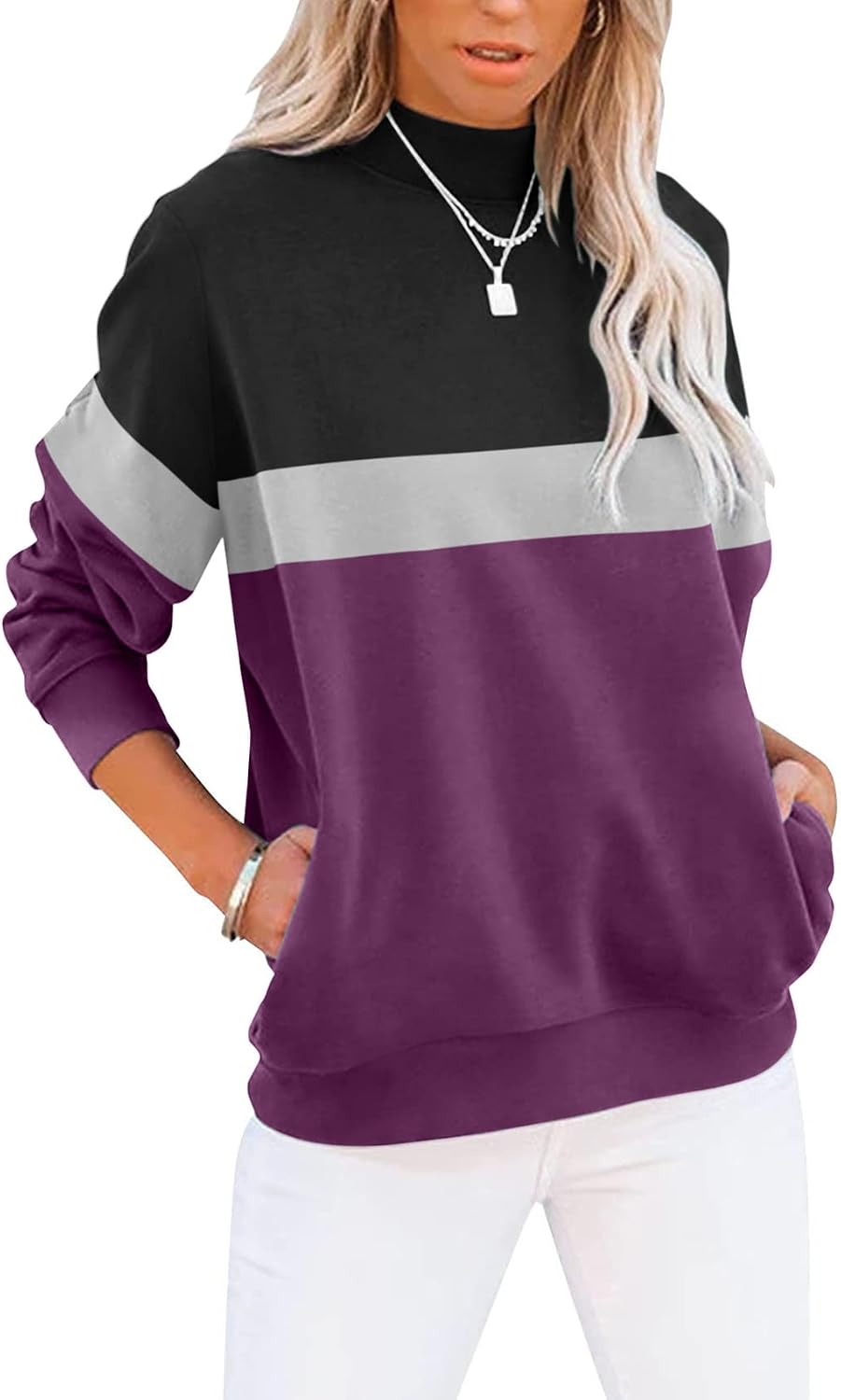 Women's Casual Long Sleeve Sweatshirt Tops Mock Turtleneck Lightweight Tunic Fall Pullover with Pocket