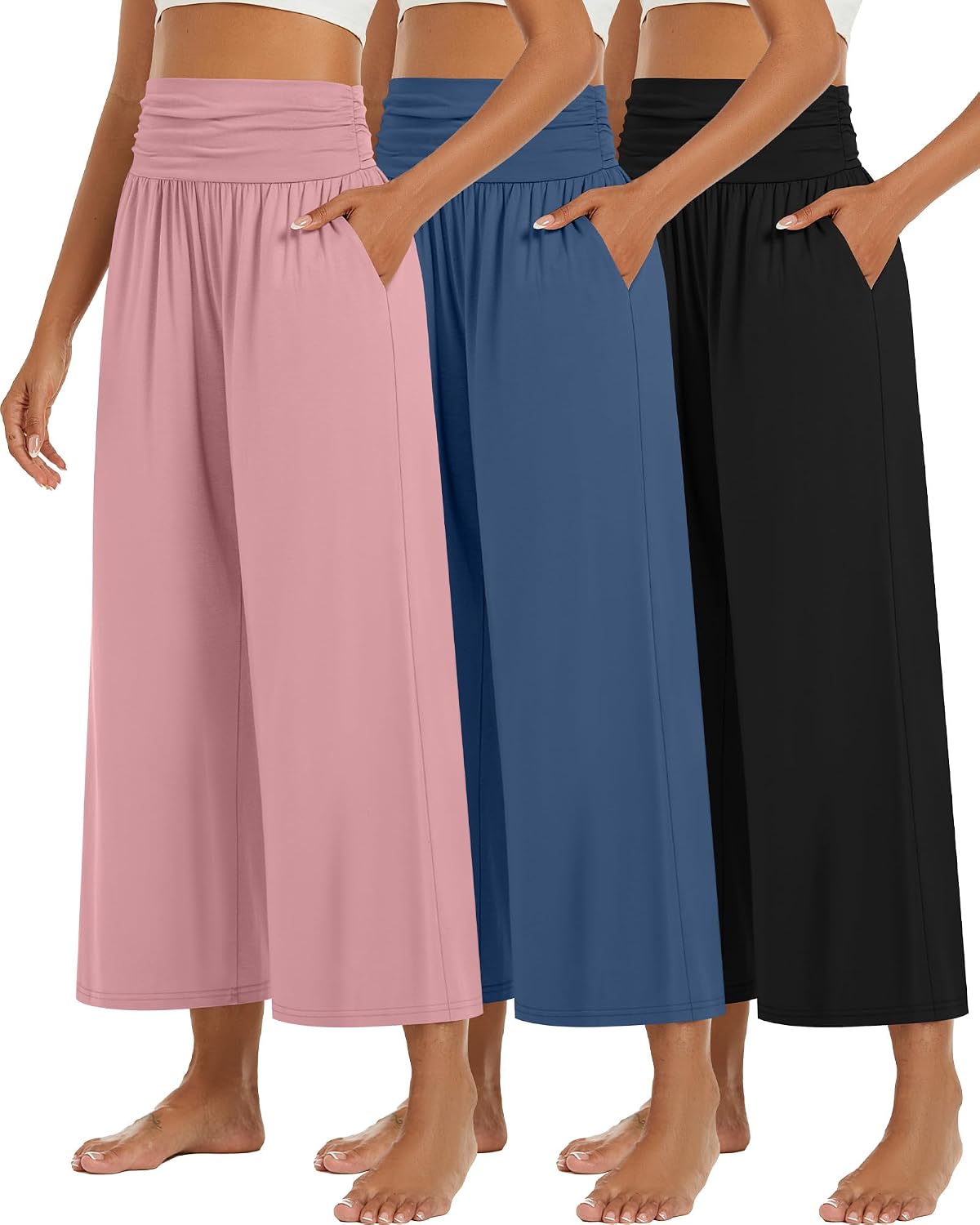 3 Pack Wide Leg Capri Pants for Women Summer Gaucho Pants Cropped Palazzo High Waist Lounge Yoga Trouser with Pockets