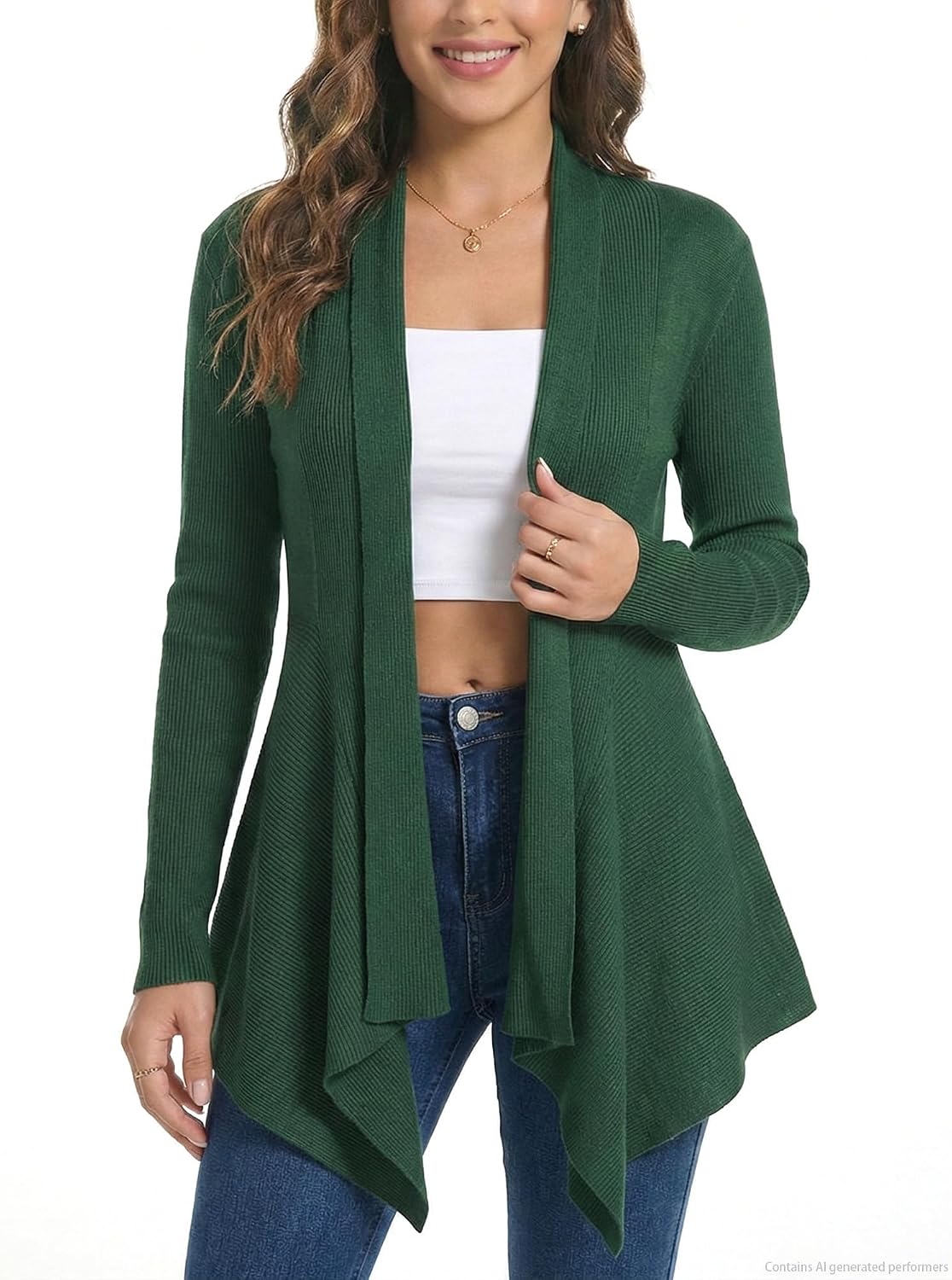 Women Open Front Draped Cardigan, Ribbed Knit Long Sleeve Asymmetrical Hem for Dresses Business Casual Layering