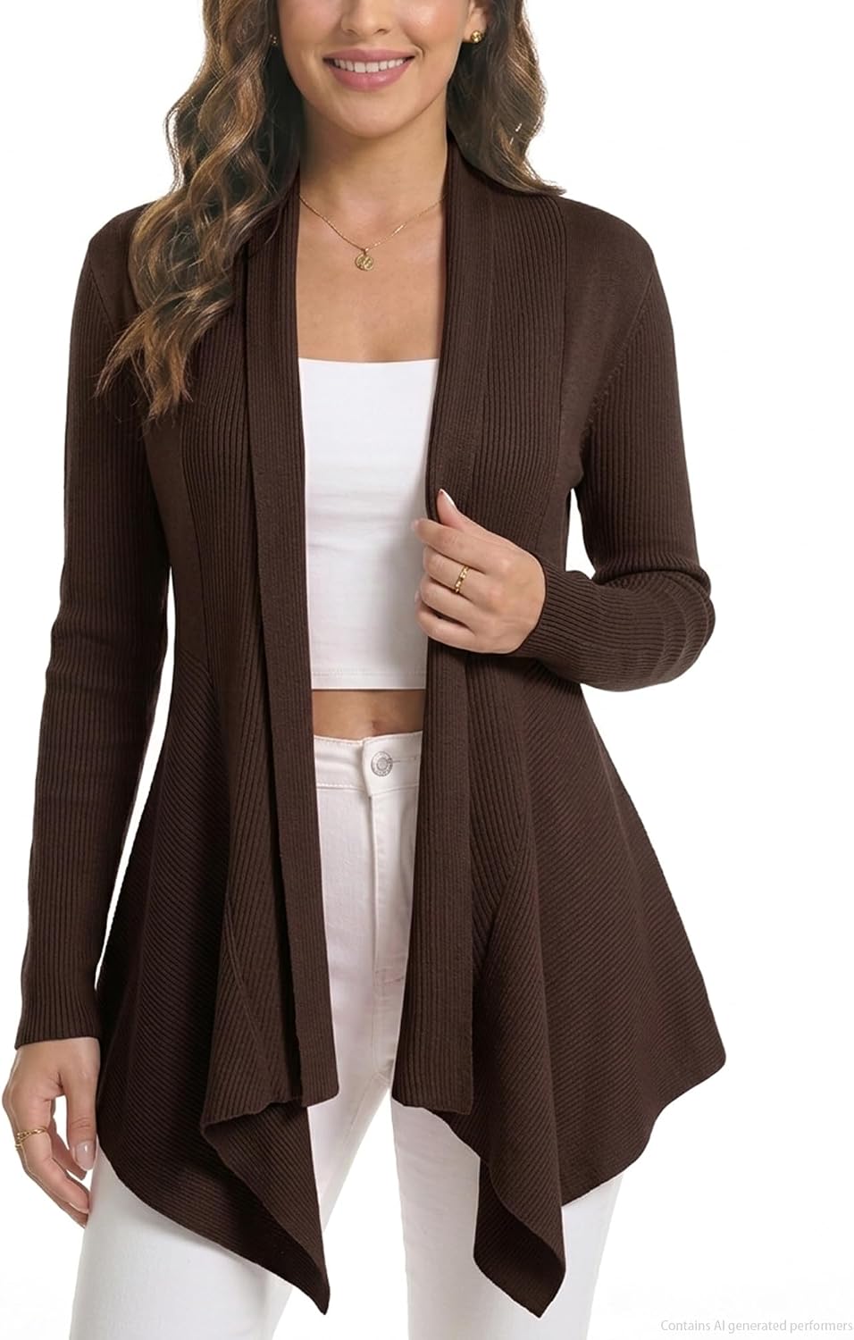 Women Open Front Draped Cardigan, Ribbed Knit Long Sleeve Asymmetrical Hem for Dresses Business Casual Layering
