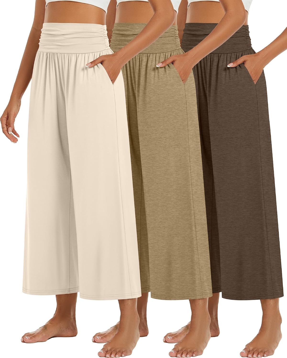 3 Pack Wide Leg Capri Pants for Women Summer Gaucho Pants Cropped Palazzo High Waist Lounge Yoga Trouser with Pockets