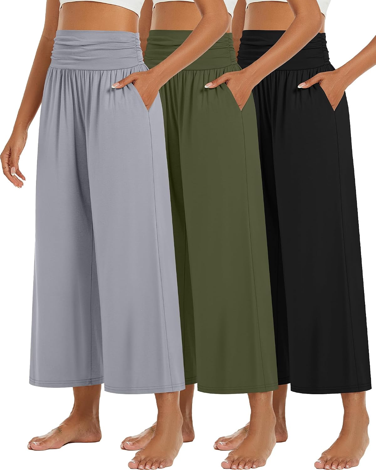 3 Pack Wide Leg Capri Pants for Women Summer Gaucho Pants Cropped Palazzo High Waist Lounge Yoga Trouser with Pockets