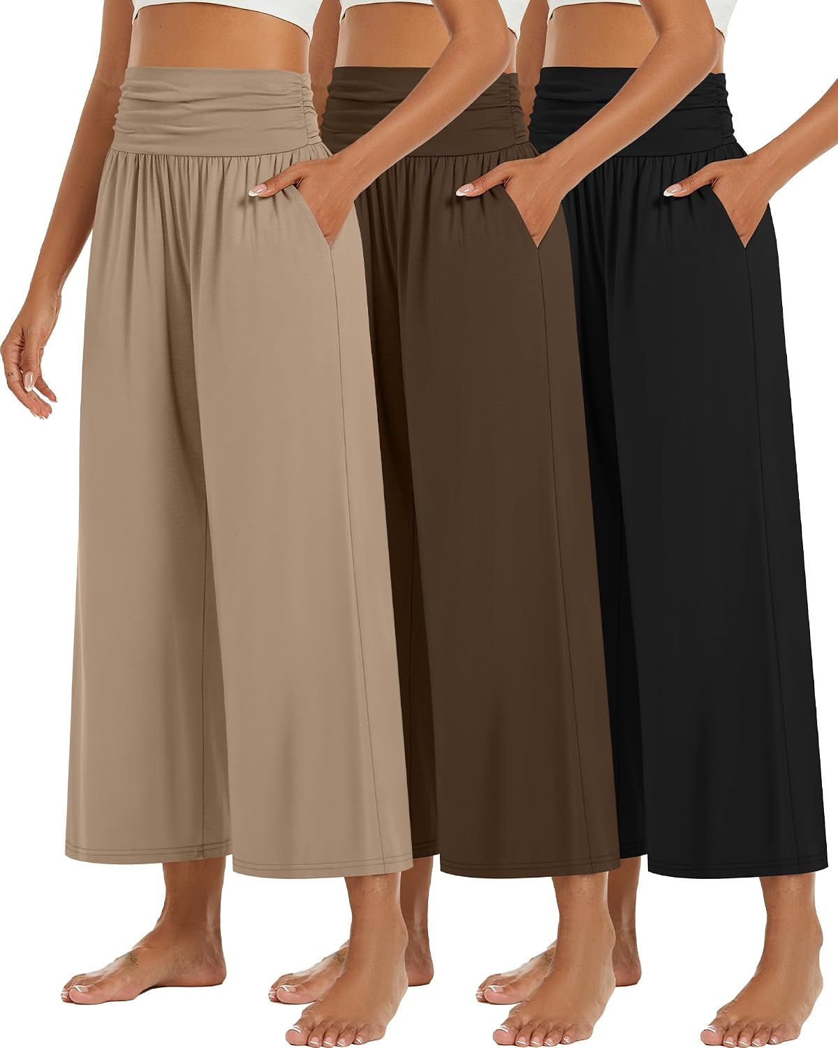 3 Pack Wide Leg Capri Pants for Women Summer Gaucho Pants Cropped Palazzo High Waist Lounge Yoga Trouser with Pockets