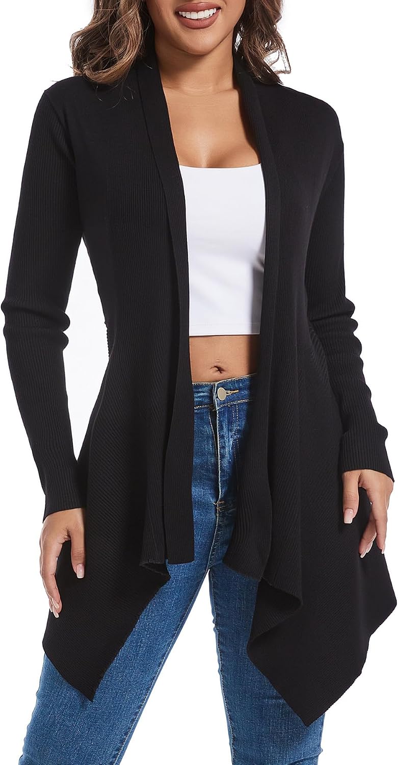 Women Open Front Draped Cardigan, Ribbed Knit Long Sleeve Asymmetrical Hem for Dresses Business Casual Layering