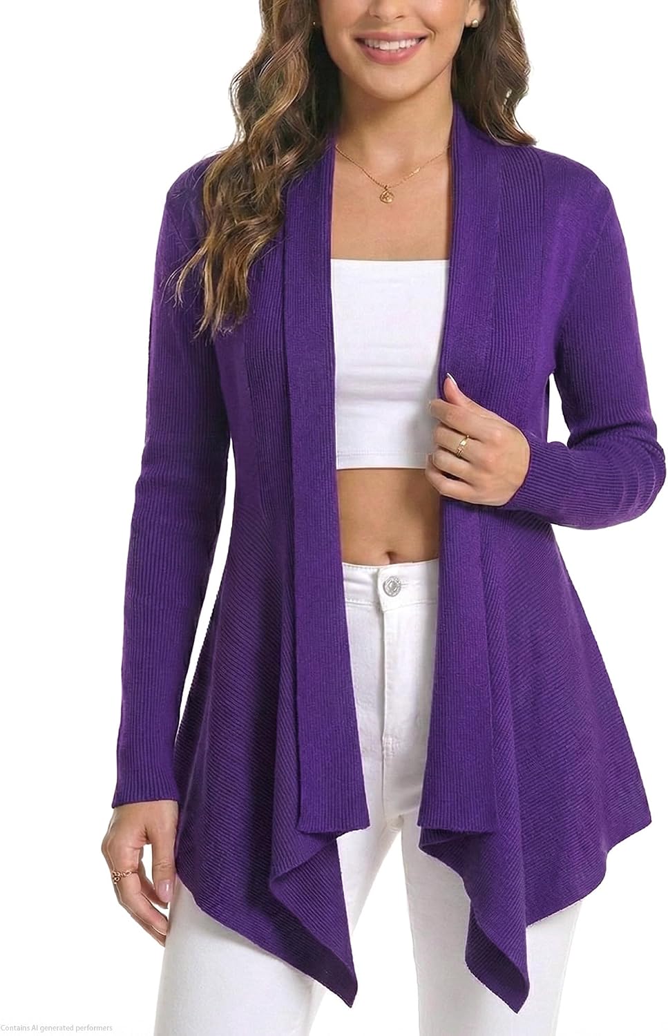 Women Open Front Draped Cardigan, Ribbed Knit Long Sleeve Asymmetrical Hem for Dresses Business Casual Layering