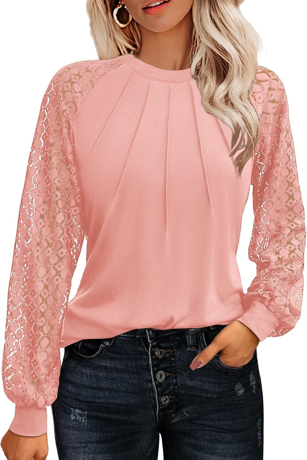 Women's Lace Long Sleeve Spring Dressy Casual Business Work Trendy Shirts