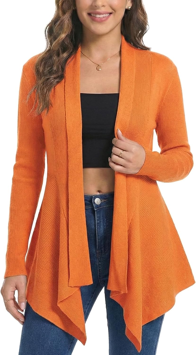 Women Open Front Draped Cardigan, Ribbed Knit Long Sleeve Asymmetrical Hem for Dresses Business Casual Layering