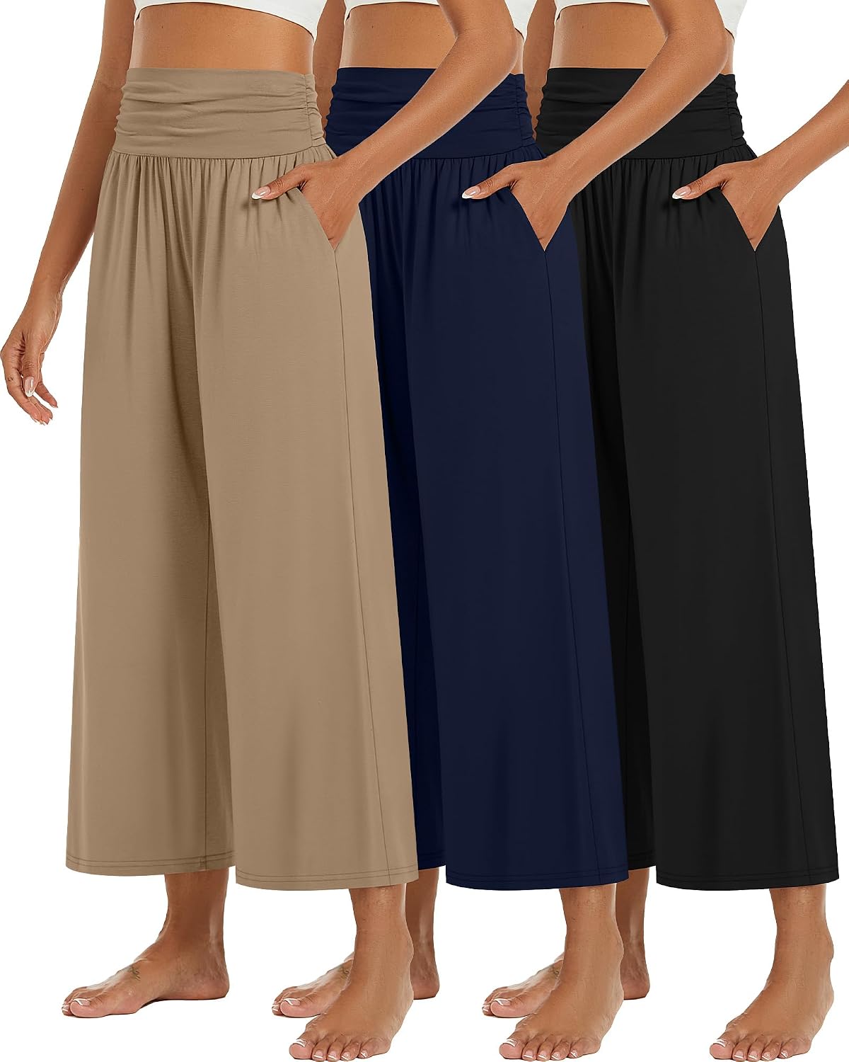 3 Pack Wide Leg Capri Pants for Women Summer Gaucho Pants Cropped Palazzo High Waist Lounge Yoga Trouser with Pockets