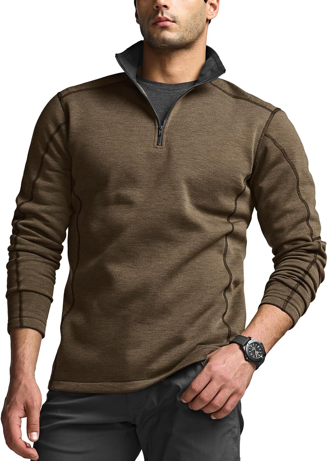 Men's Thermal Fleece Quarter Zip Sweater, Outdoor Lightweight Long Sleeve Pullover, Casual Mock Neck Polo Sweaters