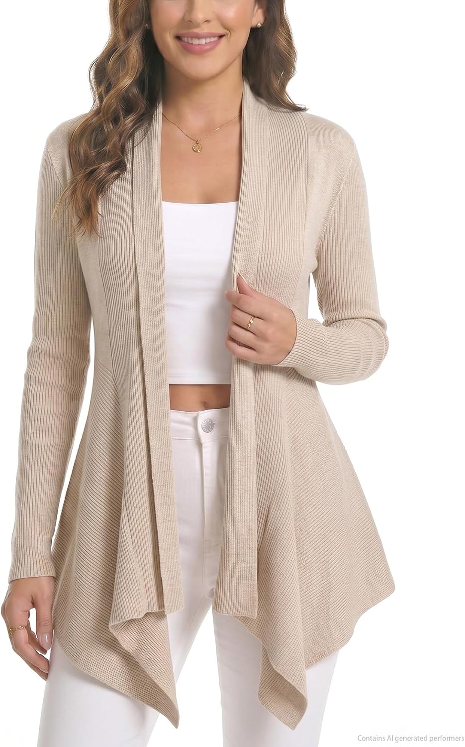 Women Open Front Draped Cardigan, Ribbed Knit Long Sleeve Asymmetrical Hem for Dresses Business Casual Layering